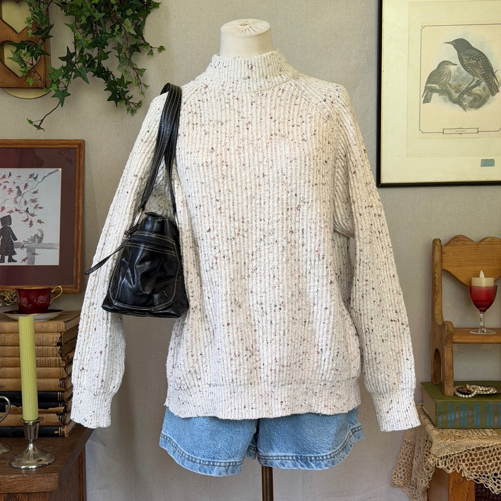 Vintage Cream Confetti Speckled Ribbed Mock Neck Sweater Large Ribbed
